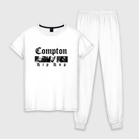 Женская пижама хлопок с принтом Compton hip-hop в Курске, 100% хлопок | брюки и футболка прямого кроя, без карманов, на брюках мягкая резинка на поясе и по низу штанин | 2pac | 2pak | 2пак | biggie smalls | makaveli | shakur | the notorious b.i.g. | thug life | tupac | амару | биги смолс | ганста | гето | гетто | жизнь головореза | крутой | макавели | надпись | ниггер | ноториус биг | реп | репер | рэп | рэпер