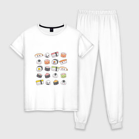 Женская пижама хлопок с принтом Sushi в Курске, 100% хлопок | брюки и футболка прямого кроя, без карманов, на брюках мягкая резинка на поясе и по низу штанин | anime | fastfood | food | japan | roll | sushi | susi | аниме | роллы | суши | фастфуд | япония