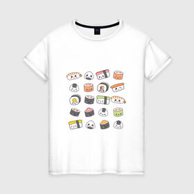 Женская футболка хлопок с принтом Sushi в Курске, 100% хлопок | прямой крой, круглый вырез горловины, длина до линии бедер, слегка спущенное плечо | anime | fastfood | food | japan | roll | sushi | susi | аниме | роллы | суши | фастфуд | япония