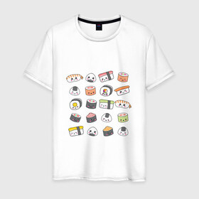 Мужская футболка хлопок с принтом Sushi в Курске, 100% хлопок | прямой крой, круглый вырез горловины, длина до линии бедер, слегка спущенное плечо. | Тематика изображения на принте: anime | fastfood | food | japan | roll | sushi | susi | аниме | роллы | суши | фастфуд | япония