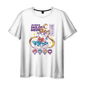 Мужская футболка 3D с принтом Sailor Meow в Курске, 100% полиэфир | прямой крой, круглый вырез горловины, длина до линии бедер | anime | cat | kawaii | sailor moon | аниме | каваи | кот котик | мультсериал | ностальгия | ретро | сейлор мун