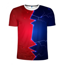 Мужская футболка 3D спортивная с принтом Battle color в Курске, 100% полиэстер с улучшенными характеристиками | приталенный силуэт, круглая горловина, широкие плечи, сужается к линии бедра | blue | lightning | lines | red | красный | линии | молния | половины | противостояние | синий