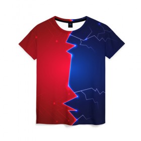 Женская футболка 3D с принтом Battle color в Курске, 100% полиэфир ( синтетическое хлопкоподобное полотно) | прямой крой, круглый вырез горловины, длина до линии бедер | blue | lightning | lines | red | красный | линии | молния | половины | противостояние | синий