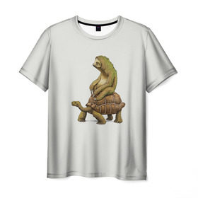 Мужская футболка 3D с принтом Ленивец и Черепаха в Курске, 100% полиэфир | прямой крой, круглый вырез горловины, длина до линии бедер | быстрый | медленный | понедельник | работа | юмор