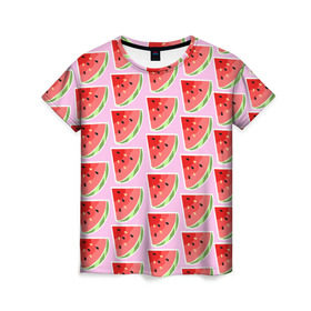 Женская футболка 3D с принтом Арбуз ПОП АРТ в Курске, 100% полиэфир ( синтетическое хлопкоподобное полотно) | прямой крой, круглый вырез горловины, длина до линии бедер | pop art | popart | арбуз | арбузный | дольками | дольки арбуза | поп арт