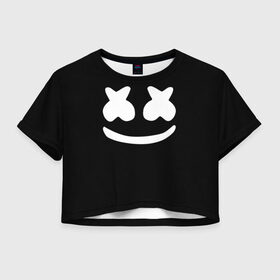 Женская футболка 3D укороченная с принтом Marshmello black в Курске, 100% полиэстер | круглая горловина, длина футболки до линии талии, рукава с отворотами | dj | dj marshmello | marshmello | клуб | клубная музыка | музыка