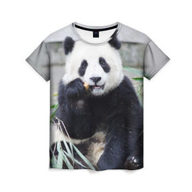 Женская футболка 3D с принтом Большая панда в Курске, 100% полиэфир ( синтетическое хлопкоподобное полотно) | прямой крой, круглый вырез горловины, длина до линии бедер | бамбук | белый | джунгли | дикое | животное | китай | лес | медведь | черный
