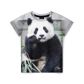 Детская футболка 3D с принтом Большая панда в Курске, 100% гипоаллергенный полиэфир | прямой крой, круглый вырез горловины, длина до линии бедер, чуть спущенное плечо, ткань немного тянется | бамбук | белый | джунгли | дикое | животное | китай | лес | медведь | черный