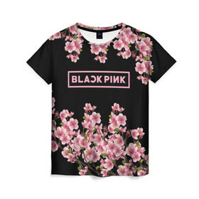 Женская футболка 3D с принтом BlackPink sakura в Курске, 100% полиэфир ( синтетическое хлопкоподобное полотно) | прямой крой, круглый вырез горловины, длина до линии бедер | black  pink | blackpink | jennie | jisoo | k pop | lalisa | sakura | группа | к поп | корейская группа | розовый | сакура | черный