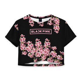 Женская футболка Cropp-top с принтом BlackPink sakura в Курске, 100% полиэстер | круглая горловина, длина футболки до линии талии, рукава с отворотами | black  pink | blackpink | jennie | jisoo | k pop | lalisa | sakura | группа | к поп | корейская группа | розовый | сакура | черный