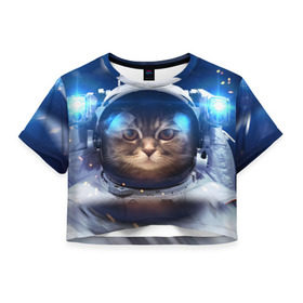 Женская футболка Cropp-top с принтом КОТ АСТРОНАВТ в Курске, 100% полиэстер | круглая горловина, длина футболки до линии талии, рукава с отворотами | astronaut | cat | space | животные | космос | кот | кот астронавт
