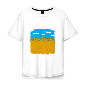 Мужская футболка хлопок Oversize с принтом Украина в колосьях в Курске, 100% хлопок | свободный крой, круглый ворот, “спинка” длиннее передней части | жёлтый | колосья | небо | облака | пиксельный | поле | синий