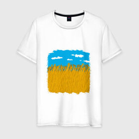 Мужская футболка хлопок с принтом Украина в колосьях в Курске, 100% хлопок | прямой крой, круглый вырез горловины, длина до линии бедер, слегка спущенное плечо. | Тематика изображения на принте: жёлтый | колосья | небо | облака | пиксельный | поле | синий