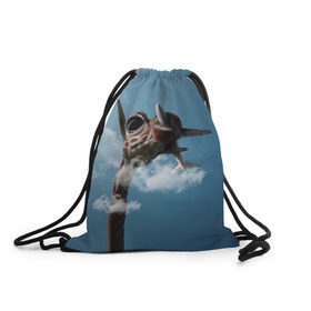Рюкзак-мешок 3D с принтом Жираф и самолет в Курске, 100% полиэстер | плотность ткани — 200 г/м2, размер — 35 х 45 см; лямки — толстые шнурки, застежка на шнуровке, без карманов и подкладки | животные | жираф | небо | облака | природа | самолет | солнце | юмор