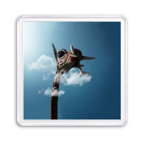 Магнит 55*55 с принтом Жираф и самолет в Курске, Пластик | Размер: 65*65 мм; Размер печати: 55*55 мм | Тематика изображения на принте: животные | жираф | небо | облака | природа | самолет | солнце | юмор
