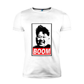 Мужская футболка премиум с принтом BOOM КИМ ЧЕН ЫН в Курске, 92% хлопок, 8% лайкра | приталенный силуэт, круглый вырез ворота, длина до линии бедра, короткий рукав | boom | kim chen eun | mems | ким чен ын | кнр | мемы | северная корея | ядерные ракеты
