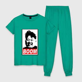 Женская пижама хлопок с принтом BOOM КИМ ЧЕН ЫН в Курске, 100% хлопок | брюки и футболка прямого кроя, без карманов, на брюках мягкая резинка на поясе и по низу штанин | boom | kim chen eun | mems | ким чен ын | кнр | мемы | северная корея | ядерные ракеты