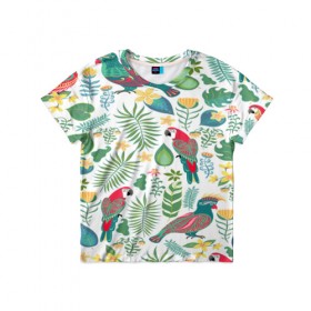Детская футболка 3D с принтом Попугаи в Курске, 100% гипоаллергенный полиэфир | прямой крой, круглый вырез горловины, длина до линии бедер, чуть спущенное плечо, ткань немного тянется | jungle | деревья | джунгли | зелень | кусты | лес | мох | океан | пальмы | пляж | тропики | экзотика