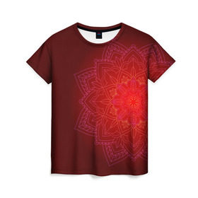 Женская футболка 3D с принтом Красная мандала в Курске, 100% полиэфир ( синтетическое хлопкоподобное полотно) | прямой крой, круглый вырез горловины, длина до линии бедер | Тематика изображения на принте: символ | узор | цветок