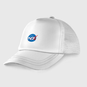 Детская кепка тракер с принтом NASA N7 MASS EFFECT в Курске, Козырек - 100% хлопок. Кепка - 100% полиэстер, Задняя часть - сетка | универсальный размер, пластиковая застёжка | logo | n7 | nasa | space | логотип | масс эффект | н7 | наса
