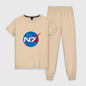 Женская пижама хлопок с принтом NASA N7 MASS EFFECT в Курске, 100% хлопок | брюки и футболка прямого кроя, без карманов, на брюках мягкая резинка на поясе и по низу штанин | Тематика изображения на принте: logo | n7 | nasa | space | логотип | масс эффект | н7 | наса