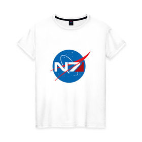Женская футболка хлопок с принтом NASA N7 MASS EFFECT в Курске, 100% хлопок | прямой крой, круглый вырез горловины, длина до линии бедер, слегка спущенное плечо | Тематика изображения на принте: logo | n7 | nasa | space | логотип | масс эффект | н7 | наса