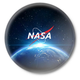 Значок с принтом NASA в Курске,  металл | круглая форма, металлическая застежка в виде булавки | galaxy | nasa | planet | star | астрономия | галактика | звезды | космос | надписи | наса | планета