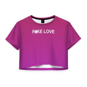 Женская футболка 3D укороченная с принтом BTS FAKE LOVE в Курске, 100% полиэстер | круглая горловина, длина футболки до линии талии, рукава с отворотами | bts | bts army | j hope | jimin | jin | jungkook | k pop | rap monster | rapmon | suga | v | бтс | группа | корея