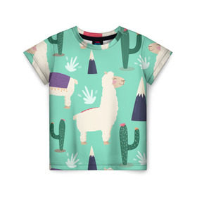 Детская футболка 3D с принтом Альпаки в Курске, 100% гипоаллергенный полиэфир | прямой крой, круглый вырез горловины, длина до линии бедер, чуть спущенное плечо, ткань немного тянется | Тематика изображения на принте: зеленый | лама | паттерн