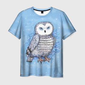 Мужская футболка 3D с принтом Полярная сова в Курске, 100% полиэфир | прямой крой, круглый вырез горловины, длина до линии бедер | Тематика изображения на принте: зима | ночной охотник | синий | снег