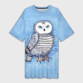 Платье-футболка 3D с принтом Полярная сова в Курске,  |  | Тематика изображения на принте: зима | ночной охотник | синий | снег