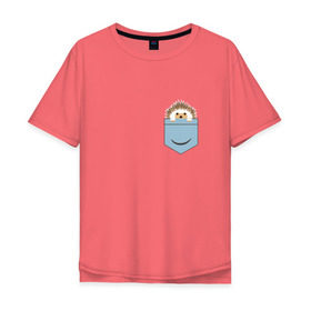 Мужская футболка хлопок Oversize с принтом Ёжик в кармане в Курске, 100% хлопок | свободный крой, круглый ворот, “спинка” длиннее передней части | еж | ёжик | ёжик в кармане | лес
