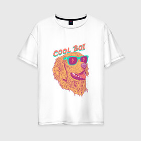 Женская футболка хлопок Oversize с принтом cool boi в Курске, 100% хлопок | свободный крой, круглый ворот, спущенный рукав, длина до линии бедер
 | dog | дог | круто | лето | очки | песики | пляж | собаки