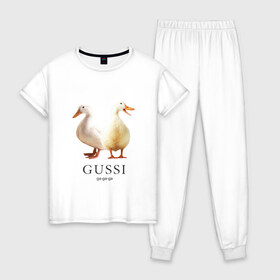 Женская пижама хлопок с принтом Gussi в Курске, 100% хлопок | брюки и футболка прямого кроя, без карманов, на брюках мягкая резинка на поясе и по низу штанин | gucci | gussi | гусь | гучи | гуччи
