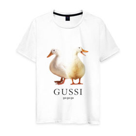 Мужская футболка хлопок с принтом Gussi в Курске, 100% хлопок | прямой крой, круглый вырез горловины, длина до линии бедер, слегка спущенное плечо. | gucci | gussi | гусь | гучи | гуччи