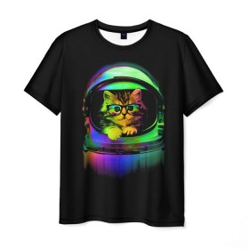 Мужская футболка 3D с принтом Котик в Космосе в Курске, 100% полиэфир | прямой крой, круглый вырез горловины, длина до линии бедер | cat | cats | cute | kitty | rainbow | space | spaceman | космонавт | космос | кот | котенок | коты | кошка | кошки | очки | радуга | скафандр | шлем