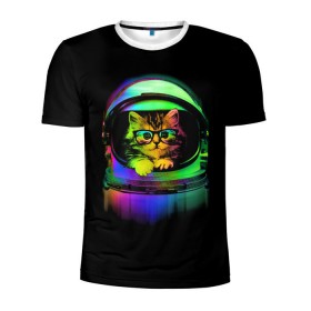 Мужская футболка 3D спортивная с принтом Котик в Космосе в Курске, 100% полиэстер с улучшенными характеристиками | приталенный силуэт, круглая горловина, широкие плечи, сужается к линии бедра | cat | cats | cute | kitty | rainbow | space | spaceman | космонавт | космос | кот | котенок | коты | кошка | кошки | очки | радуга | скафандр | шлем