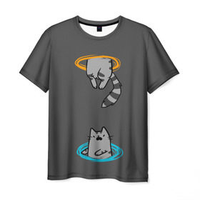 Мужская футболка 3D с принтом Кот в Портале в Курске, 100% полиэфир | прямой крой, круглый вырез горловины, длина до линии бедер | cat | cats | game | games | portal | tail | valve | в портале | вэльв | игра | игры | кот | коты | кошка | кошки | портал | хвост