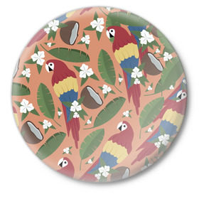 Значок с принтом Попугайчики в Курске,  металл | круглая форма, металлическая застежка в виде булавки | джунгли | жара | кокосы | лето | отпуск | попугайчики | птицы | путушествия | цветы