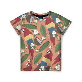 Детская футболка 3D с принтом Попугайчики в Курске, 100% гипоаллергенный полиэфир | прямой крой, круглый вырез горловины, длина до линии бедер, чуть спущенное плечо, ткань немного тянется | Тематика изображения на принте: джунгли | жара | кокосы | лето | отпуск | попугайчики | птицы | путушествия | цветы