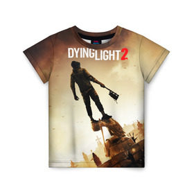 Детская футболка 3D с принтом Dying Light 2 в Курске, 100% гипоаллергенный полиэфир | прямой крой, круглый вырез горловины, длина до линии бедер, чуть спущенное плечо, ткань немного тянется | action | city | dying light | game | postapocalypse | sky | zombie | город | игра | персонаж | постапокалипсис