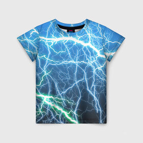 Детская футболка 3D с принтом РАЗРЯДЫ МОЛНИЙ в Курске, 100% гипоаллергенный полиэфир | прямой крой, круглый вырез горловины, длина до линии бедер, чуть спущенное плечо, ткань немного тянется | Тематика изображения на принте: blue | epic | green | lightning | rain | storm | stripes | texture | thunder | гроза | гром | дождь | зеленый | линии | молнии | молния | пафосные | полосы | разряды | синий | текстура | шторм | эпичные | яркие
