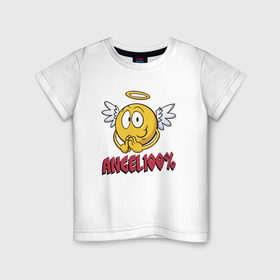 Детская футболка хлопок с принтом ANGEL 100% в Курске, 100% хлопок | круглый вырез горловины, полуприлегающий силуэт, длина до линии бедер | 100 | angel | ангел | добрая | добрый | крылья | мем | мемас | мемасик | милый | надпись | нимб | процентов | смайл | смайлик | улыбка | эмоджи | эмодзи