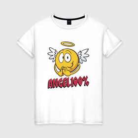 Женская футболка хлопок с принтом ANGEL 100% в Курске, 100% хлопок | прямой крой, круглый вырез горловины, длина до линии бедер, слегка спущенное плечо | 100 | angel | ангел | добрая | добрый | крылья | мем | мемас | мемасик | милый | надпись | нимб | процентов | смайл | смайлик | улыбка | эмоджи | эмодзи