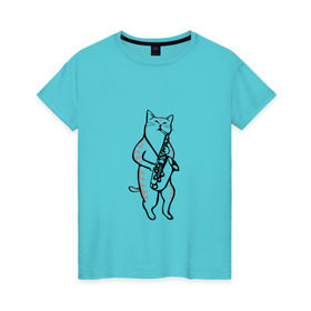 Женская футболка хлопок с принтом Кот Саксофонист в Курске, 100% хлопок | прямой крой, круглый вырез горловины, длина до линии бедер, слегка спущенное плечо | cat | арт | животные | инструмент | кот | кошка | музыка | саксофон | саксофонист