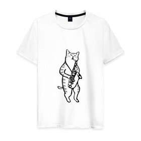 Мужская футболка хлопок с принтом Кот Саксофонист в Курске, 100% хлопок | прямой крой, круглый вырез горловины, длина до линии бедер, слегка спущенное плечо. | cat | арт | животные | инструмент | кот | кошка | музыка | саксофон | саксофонист