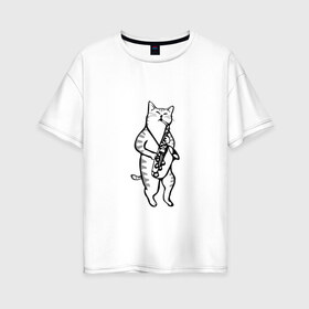 Женская футболка хлопок Oversize с принтом Кот Саксофонист в Курске, 100% хлопок | свободный крой, круглый ворот, спущенный рукав, длина до линии бедер
 | cat | арт | животные | инструмент | кот | кошка | музыка | саксофон | саксофонист