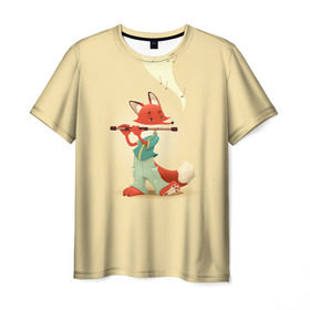 Мужская футболка 3D с принтом Лисичка с флейтой в Курске, 100% полиэфир | прямой крой, круглый вырез горловины, длина до линии бедер | флейта | флейтист