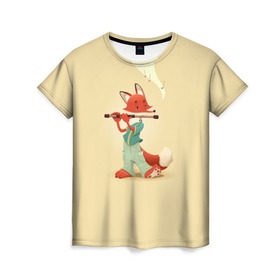 Женская футболка 3D с принтом Лисичка с флейтой в Курске, 100% полиэфир ( синтетическое хлопкоподобное полотно) | прямой крой, круглый вырез горловины, длина до линии бедер | флейта | флейтист