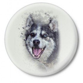 Значок с принтом Хаска в Курске,  металл | круглая форма, металлическая застежка в виде булавки | животные | пес | собака | хаска